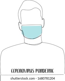 One continuous line drawn man in medical face mask. Coronavirus pandemic (covid-19). Concept of coronavirus quarantine. Line art, vector illustration.