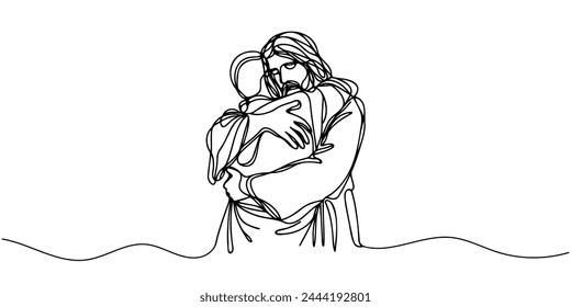 One continuous line draws Jesus hugging a sinner