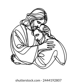 Eine durchgehende Linie zeichnet Jesus, der einen Sünder umarmt