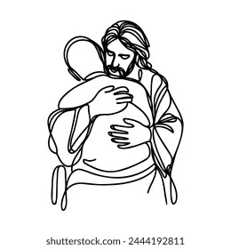 One continuous line draws Jesus hugging a sinner