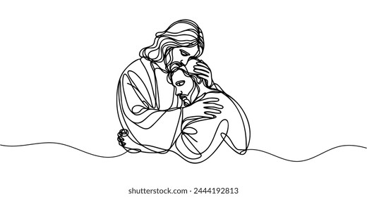 One continuous line draws Jesus hugging a sinner