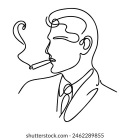 One continuous line draws a man smoking a cigarette. Hand drawn contour flat illustration isolated on white background.