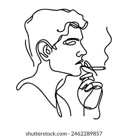 Una línea continua dibuja a un hombre fumando un cigarrillo. Ilustración plana de contorno dibujado a mano aislado sobre fondo blanco.