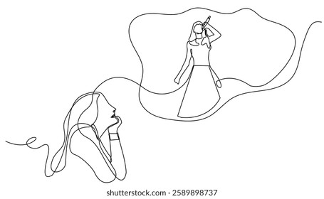 one continuous line of dreamy woman imagining herself becoming a famous singer.one line drawing vector illustration.isolated white background