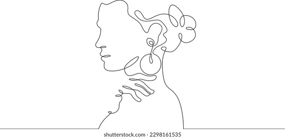 Una línea continua. Tardando en la oreja. Retrato facial femenino. Anuncios por orejas. Orejas de stud. joyas de oro y plata. Una línea continua dibujada aislada, fondo blanco.