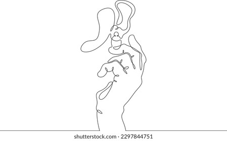 One continuous line. Earring in hand. Female palm with jewelry. Earrings for ears. stud earring. Gold and silver jewelry. One continuous line drawn isolated, white background.