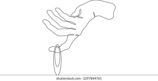 One continuous line. Earring in hand. Female palm with jewelry. Earrings for ears. stud earring. Gold and silver jewelry. One continuous line drawn isolated, white background.