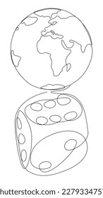 One continuous line of Earth Globe and Dice. Thin Line Illustration vector concept. Contour Drawing Creative ideas.
