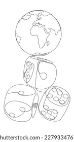 One continuous line of Earth Globe and Dice. Thin Line Illustration vector concept. Contour Drawing Creative ideas.