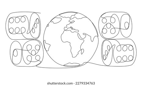 One continuous line of Earth Globe and Dice. Thin Line Illustration vector concept. Contour Drawing Creative ideas.