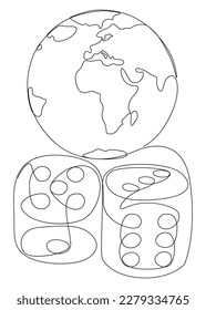 One continuous line of Earth Globe and Dice. Thin Line Illustration vector concept. Contour Drawing Creative ideas.
