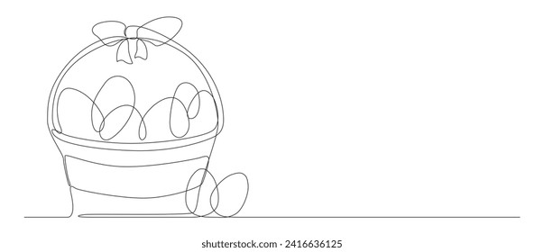 one continuous line of easter egg on the basket with ribbon. art outline vector. editable stroke.