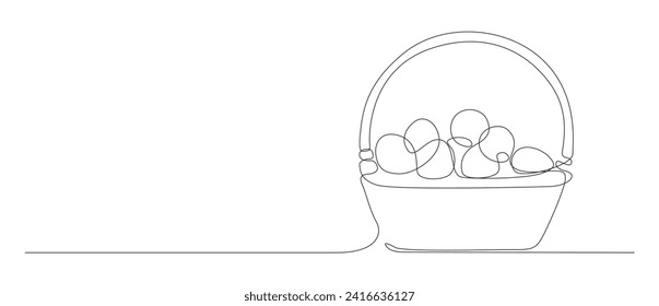 one continuous line of easter egg on the basket. art outline vector. editable stroke.