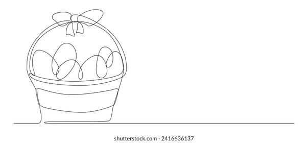 una línea continua de huevo de Pascua en la cesta con cinta. vector de contorno artístico. trazo editable.