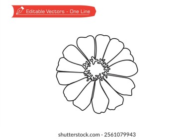 One continuous line of elegant zinnia flower image. Vector illustration of one line zinnia flower image for icon, symbol, logo. One line zinnia flower for greeting card, printing, brocade.