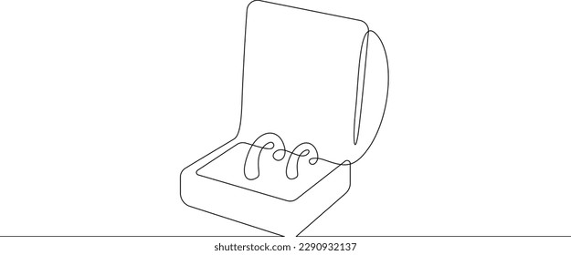 One continuous line.Box with an engagement ring. Wedding ring. Jewelry box.One continuous line drawn isolated, white background.