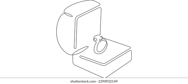 One continuous line.Box with an engagement ring. Wedding ring. Jewelry box.One continuous line drawn isolated, white background.