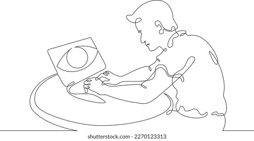 One continuous line.  Eye on laptop screen. Open laptop. All-seeing eye. Man behind a laptop. One continuous line drawn isolated, white background.