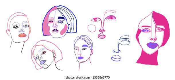 One continuous line face. Set of fashion abstract portrait 