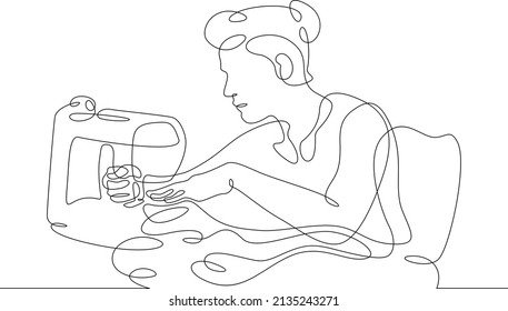 One continuous line.The fashion designer sews a dress. Seamstress works with sewing machine .Fashion designer, dressmaker, seamstress, sewing workshop or courses, tailoring concept.Working in atelier.