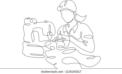 One continuous line.The fashion designer sews a dress. Seamstress works with sewing machine .Fashion designer, dressmaker, seamstress, sewing workshop or courses, tailoring concept.Working in atelier.