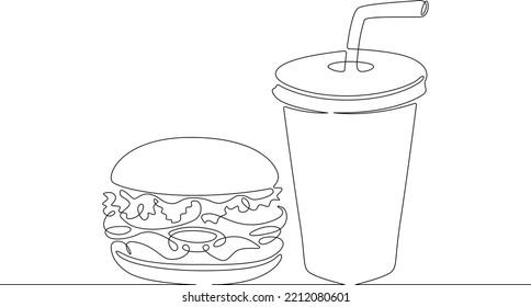 One continuous line. Fast food. Hamburger. Sandwich.Burger with meat. Burger with a glass of sweet soda.One continuous line is drawn on a white background.