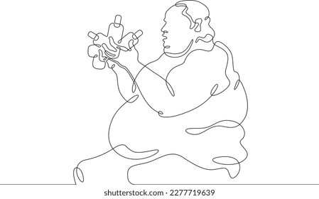 One continuous line. Fat man eats. Fat man having lunch. Obesity. Harmful lifestyle. A fat man holds food in his hands. Fast food.One continuous line drawn isolated, white background.