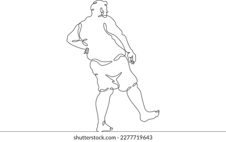 One continuous line. Fat man on holiday. An obese man. Obesity. Harmful lifestyle. Man on vacation. One continuous line drawn isolated, white background.