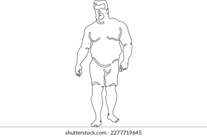 Una línea continua. Hombre gordo de vacaciones. Un hombre obeso. Obesidad. Estilo de vida dañino. Hombre de vacaciones. Una línea continua dibujada aislada, fondo blanco.