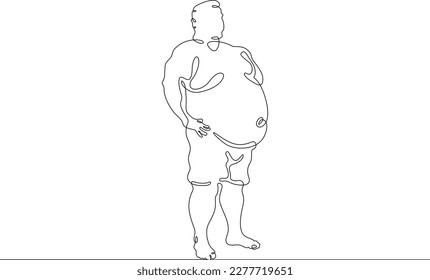 One continuous line. Fat man on holiday. An obese man. Obesity. Harmful lifestyle. Man on vacation. One continuous line drawn isolated, white background.