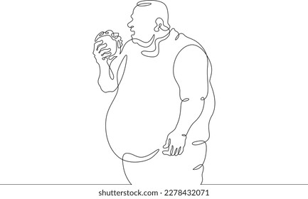 One continuous line. Fat man eats. Fat man having lunch. Obesity. Harmful lifestyle. A fat man holds food in his hands. Fast food.One continuous line drawn isolated, white background.