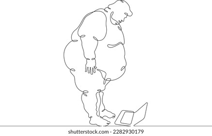 One continuous line. Fat man with a computer. Male character is looking at laptop. Obesity and unhealthy lifestyle. One continuous line drawn isolated, white background.