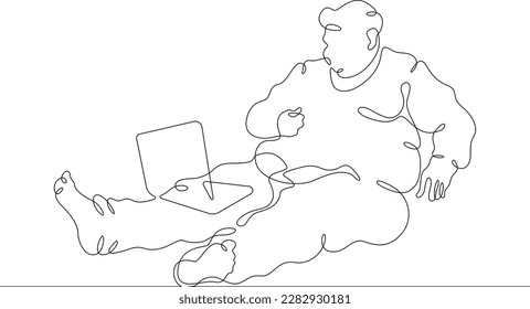 One continuous line. Fat man with a computer. Male character is looking at laptop. Obesity and unhealthy lifestyle. One continuous line drawn isolated, white background.