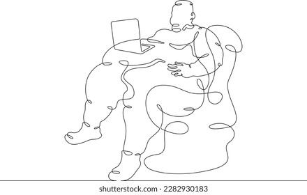 Una línea continua. Hombre gordo con una computadora. El personaje masculino está mirando la laptop. Obesidad y estilo de vida poco saludable. Una línea continua dibujada aislada, fondo blanco.