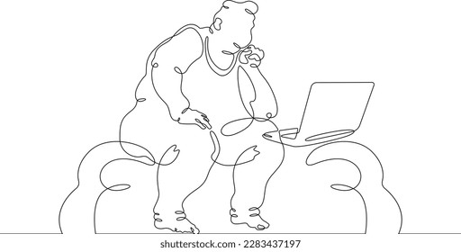 One continuous line. Fat man with a computer. Male character is looking at laptop. Obesity and unhealthy lifestyle. One continuous line drawn isolated, white background.