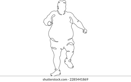 One continuous line. Fat man goes in for sports. Fatty runs on a run. Obesity and unhealthy lifestyle. One continuous line drawn isolated, white background.