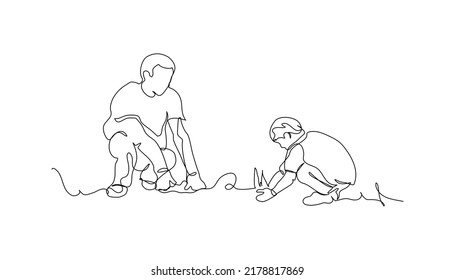 One continuous line of a father teaches his son to grow crops. Vector illustration of minimalist style on a white background.