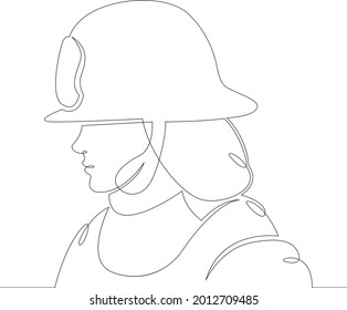 One continuous line
Female character professional firefighter in helmet uniform.
One continuous drawing line logo isolated minimal illustration.