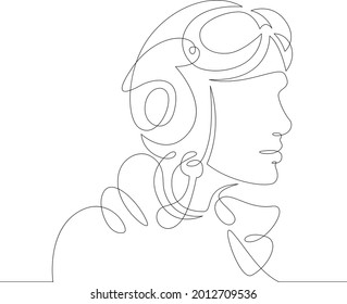 One continuous line
Female character professional aviator pilot in a retro helmet with goggles.
One continuous drawing line logo isolated minimal illustration.