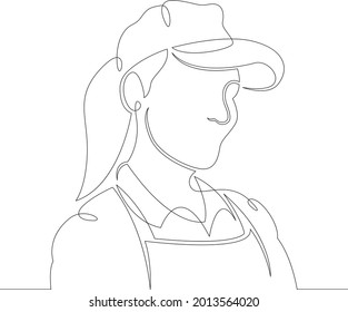 Una línea continua
Vendedora profesional de carácter femenino, ayudante de tienda con uniforme y gorra
El logotipo de una línea de dibujo continua aisló una ilustración mínima.