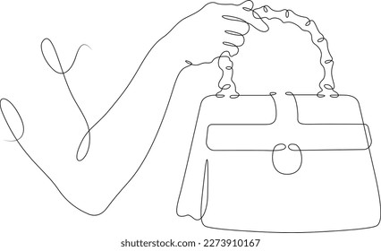 One continuous line. Female hand with a handbag. Ladies elegant bag.One continuous line drawn isolated, white background.