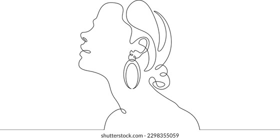 One continuous line. Female portrait. Profile of a young woman. Earrings in the ears. Valuable jewellery. Bijouterie. One continuous line drawn isolated, white background.