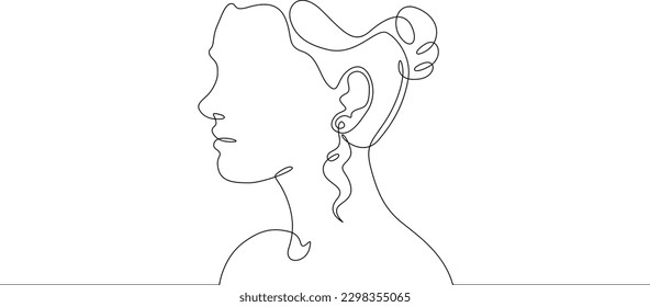One continuous line. Female portrait. Profile of a young woman. Earrings in the ears. Valuable jewellery. Bijouterie. One continuous line drawn isolated, white background.