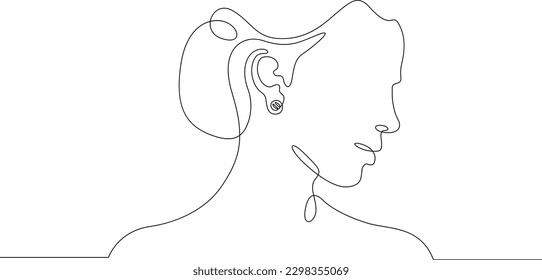 Una línea continua. Retrato femenino. Perfil de una joven. Anillos en las orejas. joyas valiosas. Bijouterie. Una línea continua dibujada aislada, fondo blanco.