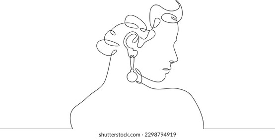 One continuous line. Female portrait. Profile of a young woman. Earrings in the ears. Valuable jewellery. Bijouterie. One continuous line drawn isolated, white background.