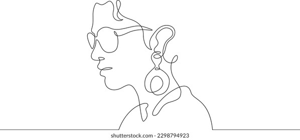 One continuous line. Female portrait. Profile of a young woman. Earrings in the ears. Valuable jewellery. Bijouterie. One continuous line drawn isolated, white background.