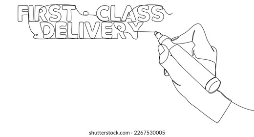 One continuous line of First-Class Delivery text written with a pencil, felt tip pen. Thin Line Illustration vector concept. Contour Drawing Creative ideas.