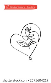 One continuous line of flower and leaf framed heart. Vector illustration of simple one line hand drawn design of heart flower. Heart design icon of love, affection, herbal and health.