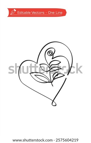 One continuous line of flower and leaf framed heart. Vector illustration of simple one line hand drawn design of heart flower. Heart design icon of love, affection, herbal and health.