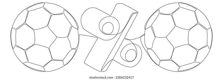 One continuous line of Football Ball with Percentage Sign. Thin Line Illustration vector concept. Contour Drawing Creative ideas.